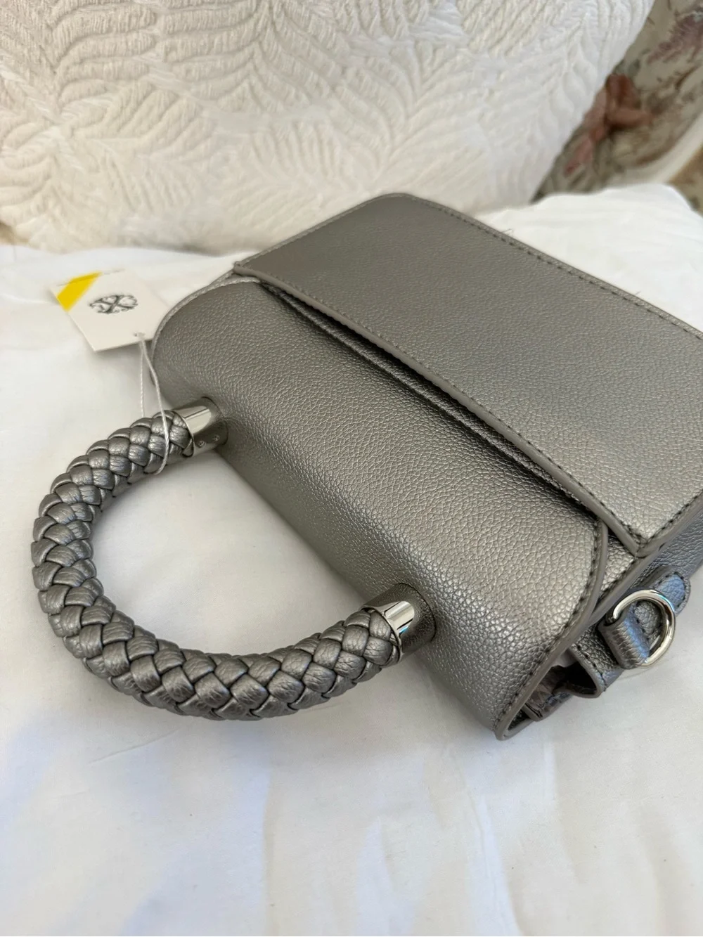 Silver Top-Handle Faux Leather Satchel